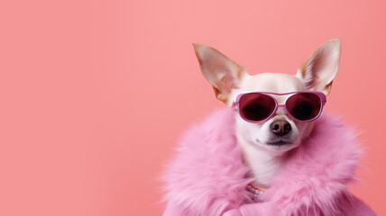 Advertising portrait, banner, straight looking chihuahua dog in glasses dressed in a pink barbie outfit, isolated on pink background