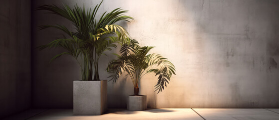 Canvas Print - Loft contemporary interior mockup. Empty spacious apartment, room with concrete texture wall with tropical plants. Overlay shadow effect. Place for text. Minimal background. Generative ai.