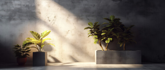 Poster - Loft contemporary interior mockup. Empty spacious apartment, room with concrete texture wall with tropical plants. Overlay shadow effect. Place for text. Minimal background. Generative ai.