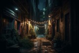 Fototapeta Uliczki - A dark city alley illuminated by streetlights at night. Generative AI