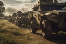 British Army Defender Wolf Vehicles In Military Exercise. Generative AI