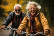 canvas print picture - Cheerful active senior couple with bicycle in public park together having fun lifestyle. Perfect activities for elderly people. Happy mature couple riding bikes, bicycles in park. Generative AI