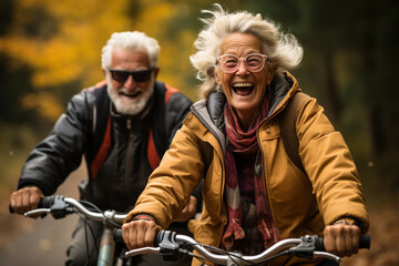 cheerful active senior couple with bicycle in public park together having fun lifestyle. perfect act