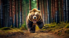Angry Running Animal Grizzly Bear In The Forest, Made With Generative AI