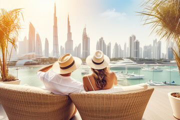 A man and a woman sit on the terrace of a penthouse and admire the view of Dubai.