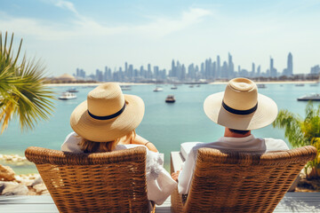 A man and a woman sit on the terrace of a penthouse and admire the view of Dubai.