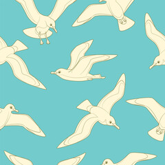 Wall Mural - Seagulls seamless pattern. Vector seamless pattern. Outline simple illustration of flying birds. Soaring seabird silhouette.