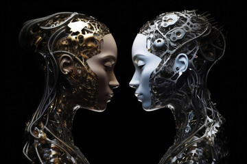 Wall Mural - ai and humanity: humanoid artificial twins looking at each other in silver, bronze, and gold in fron