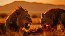 Two Male Lions Eating A Gazelle In Front Of The Orange Warm Light Of The Down Going Sun. Generative AI.