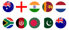 ICC Men's World Cup Cricket Tournament 2023. Round Flag Button Icons Of Participating Teams. Australia, New Zealand, India, England, South Africa, Pakistan, Afghanistan, Bangladesh, Netherlands 