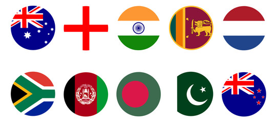 icc men's world cup cricket tournament 2023. round flag button icons of participating teams. austral