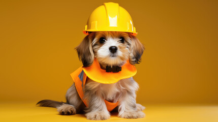 Dog wearing construction helmet on yellow background.