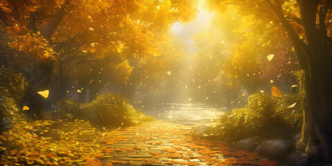 Wall Mural - Leaves falling from yellow trees over a park alley leading to a lake. Sunlit autumn landscape