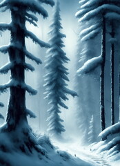 Wall Mural - Winter forest landscape. Gloomy dark snowy forest. Painting.Digital creative designer art.