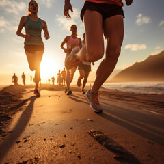 Sticker - ai generative, close up legs runner group running on sunrise seaside trail