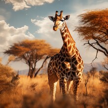 Wildlife A Full Body Photography Of A Giraffe In The Savanna