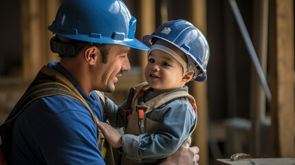 father and little son playing realistic construction workers in special uniforms at a construction s