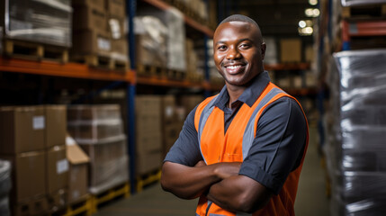 Wall Mural - Warehouse worker in a special uniform against the background of racks with parcels.