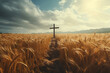 Field of wheat blowing in wind with lone wooden cross in distance