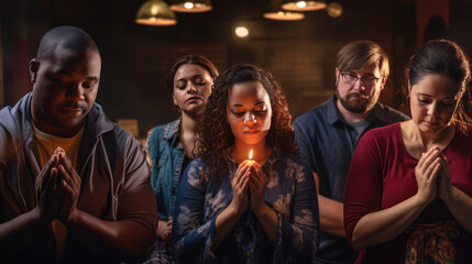 Sticker - Group of people during prayer in a church.