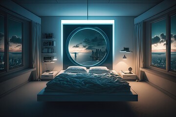 Wall Mural - Modern bedroom with a beautiful view of the metropolis from the okono from up high