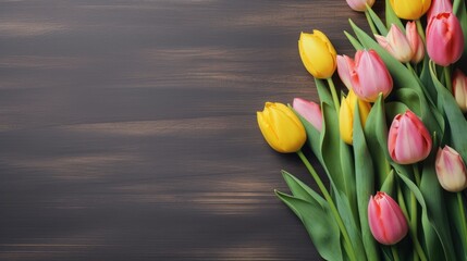 Poster - Pink and yellow tulip flowers on wood table background with copy space for text. Love, International Women day, Mother day and Happy Valentine day concept