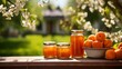 Apricot jam in a glass jar, fruits, homemade jam, garden background, farm, organic product, breakfast, apricots, fruits and nature, leaves and flowers
