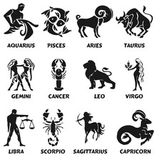 Zodiac Signs Horoscope Icons Set Isolated Astrological Images In Simple Black And White Style.