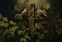 Sparrows Flying Out From Behind A Stone Cross Overgrown With Ivy