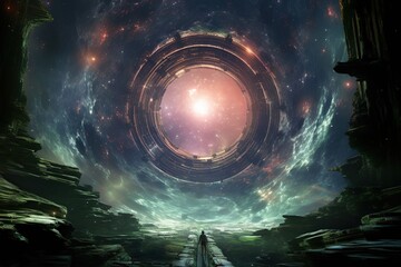 Astronaut explores a cosmic portal, walking into an interstellar vortex for time travel, universe and dimensions beyond