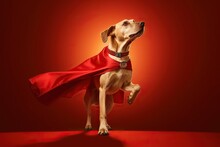 Portrait Of Superhero Dog Wearing Red Cape, Jumping Like A Super Hero, Isolated On Studio Background