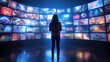 Woman surrounded by multiple TV screens, video wall showcasing variety of multimedia content, online broadcasting and streaming concept