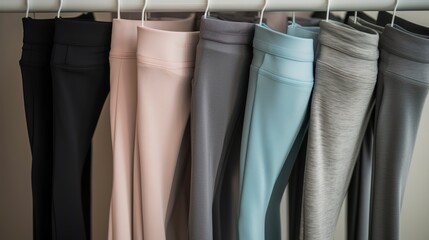 A row of neatly organized leggings and yoga pants. created with Generative AI technology