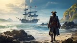 Pirate captain stands on a tropical island, looking at his ship at sea