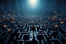 Man In Surreal Maze, Facing Labyrinth Challenge, Complex Problem Decision, Strategy For Success, Concept Of Life Obstacles And Solutions
