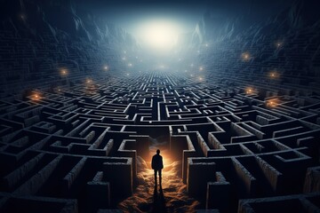Man in surreal maze, facing labyrinth challenge, complex problem decision, strategy for success, concept of life obstacles and solutions