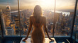 © iridescentstreet - Successful woman standing on luxury balcony, back view of rich female silhouette at sunset in New York city
