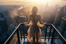 Successful Woman Standing On Luxury Balcony, Back View Of Rich Female Silhouette At Sunset In New York City