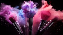 Makeup brushes with pink and purple powder explosion: colourful beauty splash, close-up of cosmetic product burst