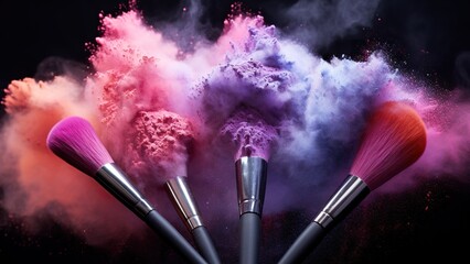 Wall Mural - Makeup brushes with pink and purple powder explosion: colourful beauty splash, close-up of cosmetic product burst