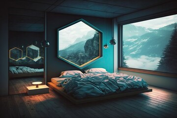 Wall Mural - Interior of a modern bedroom with blue walls and wooden floor