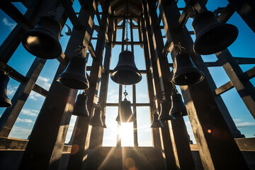 BacklitRinging church bells in silhouette viewed from below against blue sky