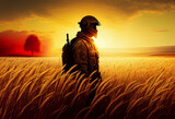 Fototapeta Most - A soldier in military uniform stands among the golden spikelets of a wheat field at sunset. AI Generated
