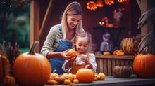 Mother And Daughter At Pumpkin Patch. Happy Family Preparing For Halloween. Selective Focus.
