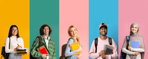 International group of happy students posing on colorful backgrounds, collage
