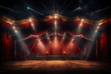 Fototapeta  - Circus tent with illuminations lights at night. Cirque facade. Festive attraction