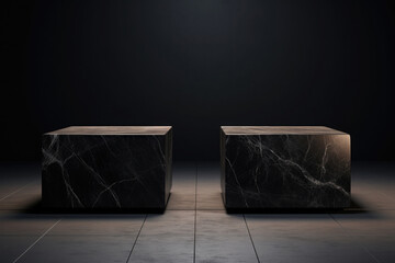 Wall Mural - Wall with stage for product display on dark background. Dark stone podium, minimalism style.