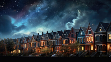 Wall Mural - Row of classic family houses facades at night. Suburban neighborhood. Residential building with illuminated windows