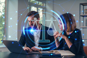 Thoughtful businesspeople working together at office workplace. Concept of team work, business education, internet surfing, brainstorm, project information technology. Legal icons
