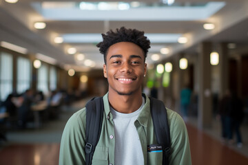 Young smiling african american student standing in university hall. High quality photo